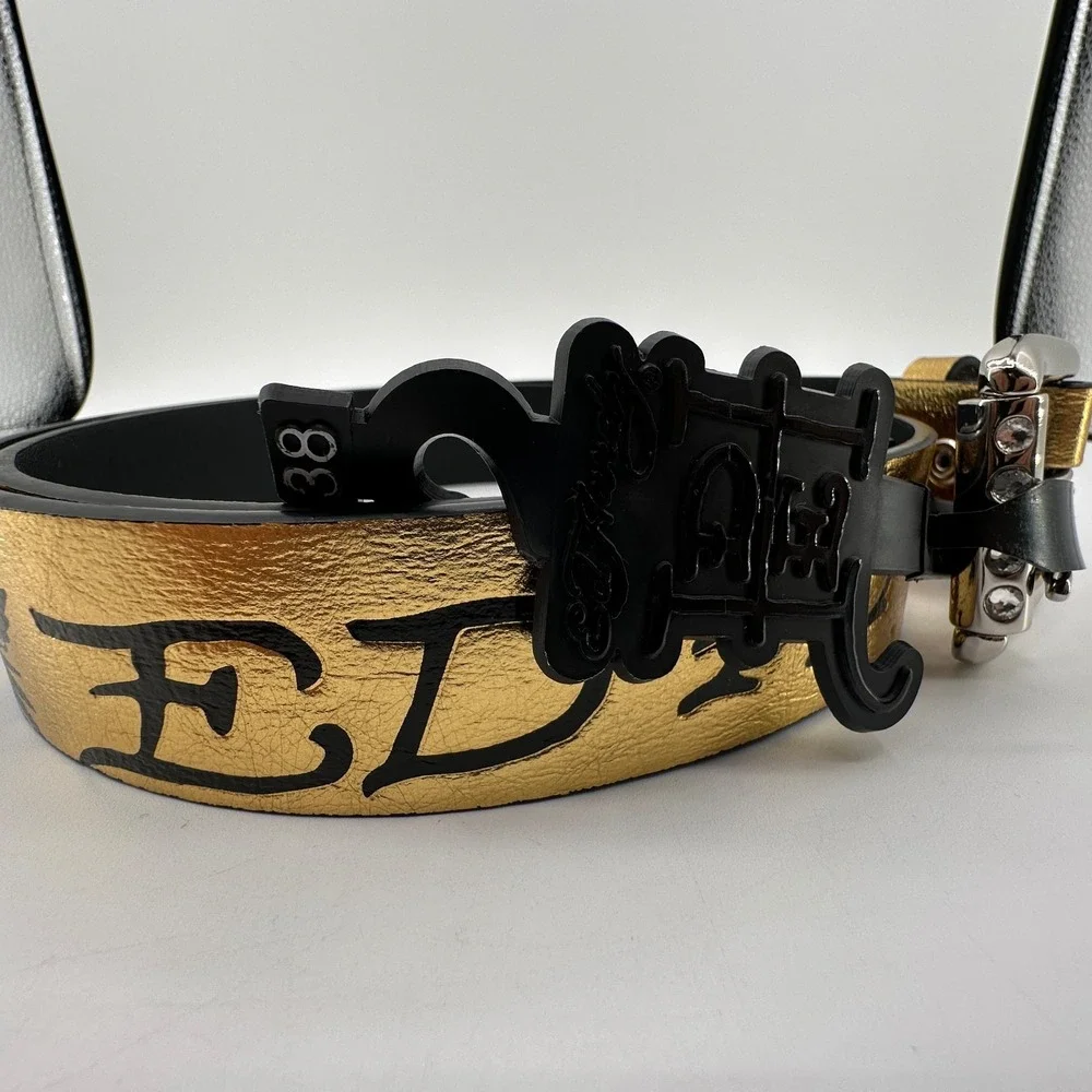 Ed Hardy Christian Audigier Belt Mens 38‎ Tiger Skull Tattoo Art Gold Color NEW